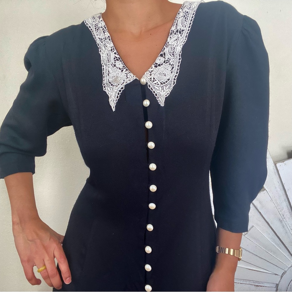 Halloween “ Wednesday Addams“ 
90s Goth Vintage Black Maxi Dress Lace Collar